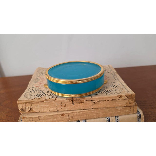 Blue Vintage Murano Opaline Glass Ashtray Turquoise Blue Brass Rim Italian Mid Century Decorative Catchall Trinket Dish For Sale - Image 8 of 13