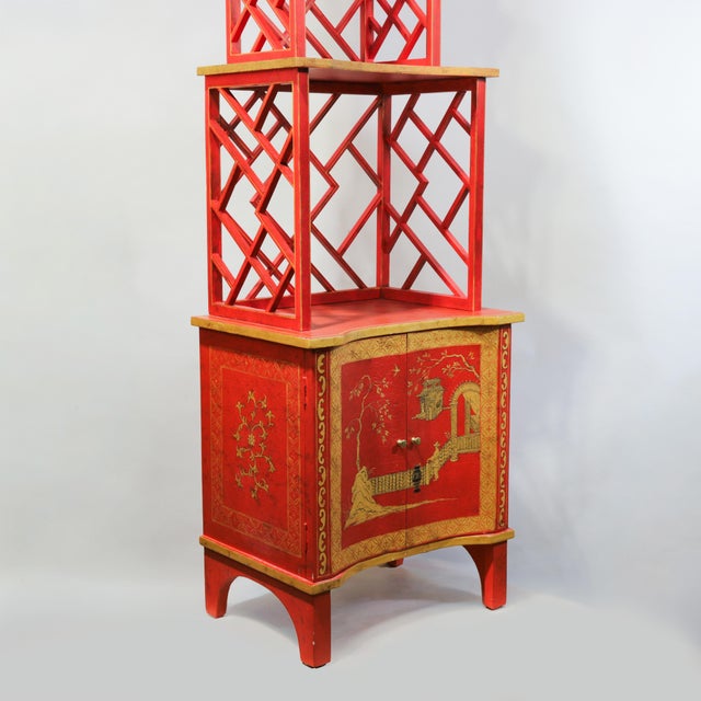 Chinoiserie Vintage Chinoiserie Red Lacquer Duchess of Windsor Style Pagoda Etagere Cabinet For Sale - Image 3 of 18