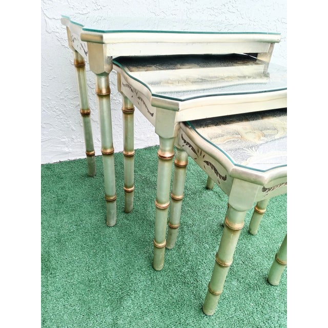 Vintage Silver Faux Bamboo Monkey Chinoiserie Nesting Tables W/ Glass Tops - Set of 3 For Sale In West Palm - Image 6 of 9