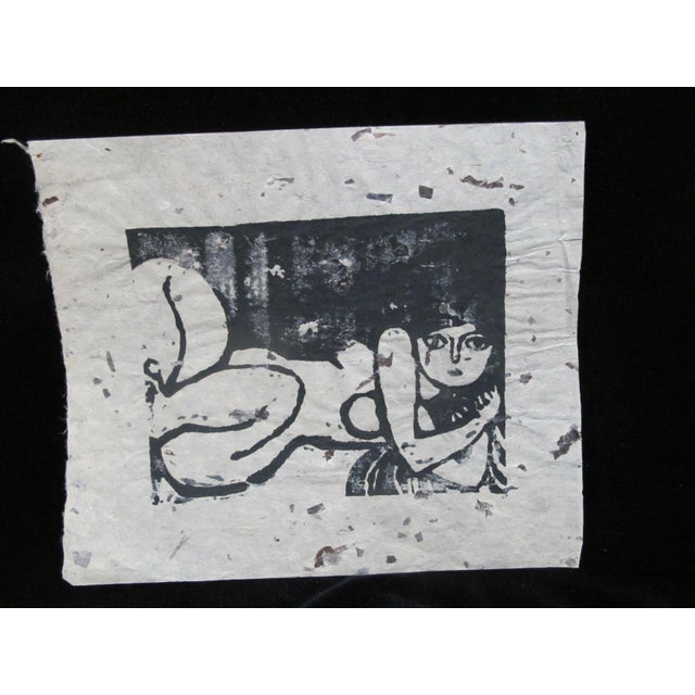 Iwao Akiyama (Japanese, 1921-2014) wood cut in colors on decorative speckled paper, showing a nude female reclining nude...