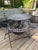 Gorgeous MCM time-capsule painted wrought iron, garden patio dining set with round, sunburst table and four strap iron...