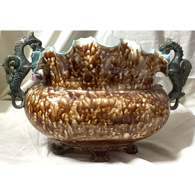 Antique French Barbotine Majolica Rose Basket Centerpiece Planter For Sale - Image 4 of 12