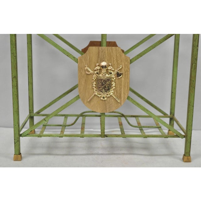 Vintage Italian Neoclassical Green Wrought Iron Book Magazine Rack W/ Shield For Sale In Philadelphia - Image 6 of 15