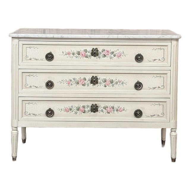 Late 20th Century French Louis XVI Painted Commode With Carrara Marble For Sale
