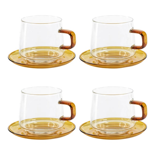 Bergamo Glass Tea & Coffee Cups and Saucers - Amber, Set of 4 For Sale