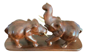 1950s Hand Carved Teak Statue of Elephants Playing