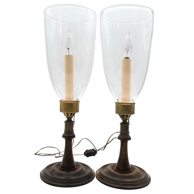 Wood Georgian Style Mahogany & Brass Candlestick Lamps With Hurricane Shades - A Pair For Sale - Image 7 of 18