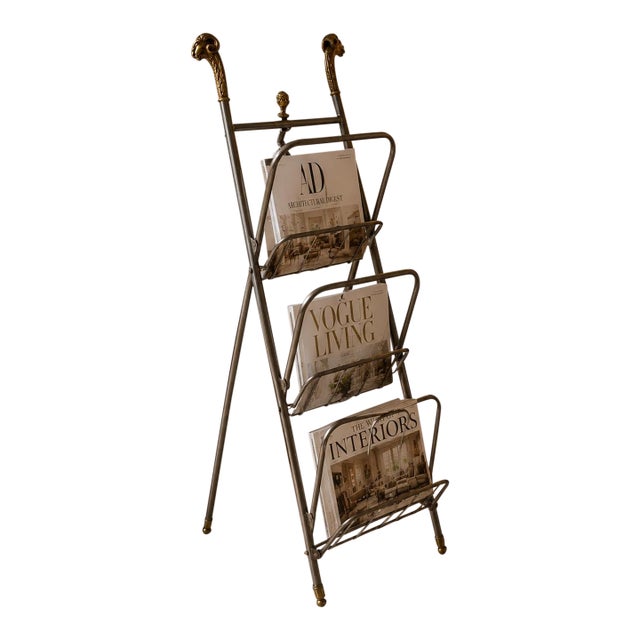 Vintage Italian Satin Steel & Brass Ram’s Head Folding Magazine Rack, Maison Jansen Style, Italy For Sale