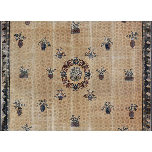 Chinese Antique Chinese Peking Pile Rug in Beige and Blue Floral Design 15' X 18'5" For Sale - Image 3 of 10