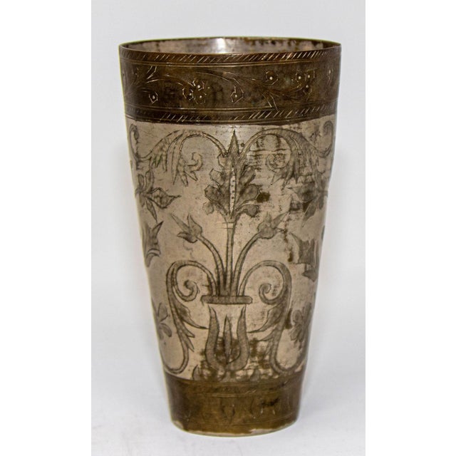 English Antique Engraved Metal Silvered Beaker or Vase From India 1940s For Sale - Image 3 of 11