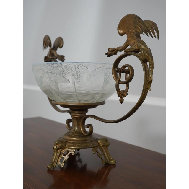 Victorian Victorian Era Bronze Winged Dragon Centerpiece W. Glass Bowl For Sale - Image 3 of 12