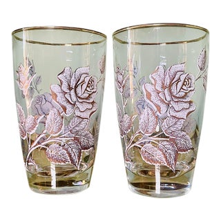 Vintage Libbey “Rose Bouquet” Gold & White Tumblers- A Pair For Sale