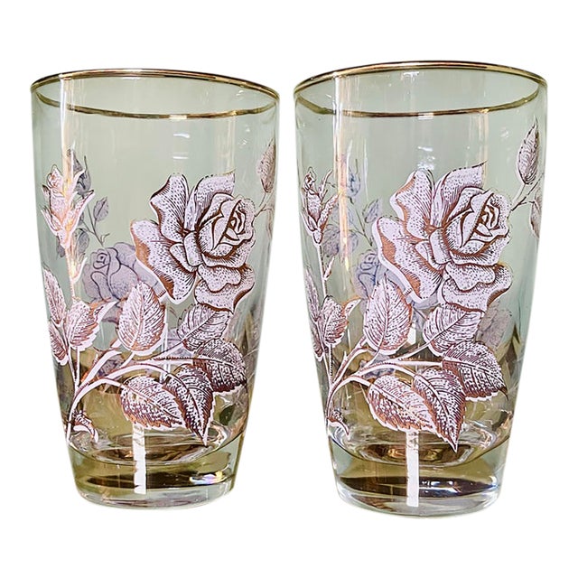 Vintage Libbey “Rose Bouquet” Gold & White Tumblers- A Pair For Sale