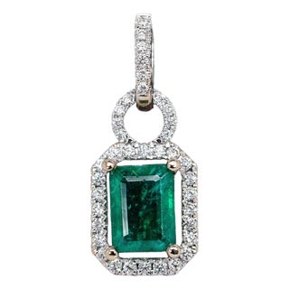 1.2Ct Zambian Emerald and Natural Diamond Pendant in Solid 14k White Gold For Sale