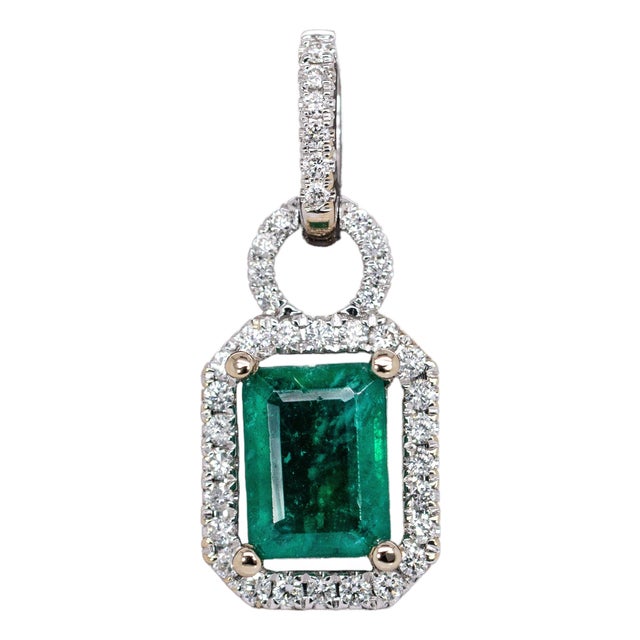 1.2Ct Zambian Emerald and Natural Diamond Pendant in Solid 14k White Gold For Sale