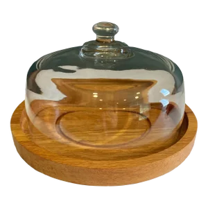 Mid-Century Vermillion Glass Covered Wood Cheese or Bread Tray