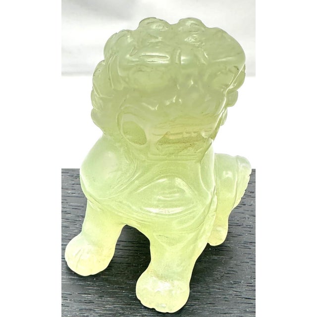 Chinoiserie Vintage Hand-Carved Translucent Celadon Jade Female Guardian Lion (Foo Dog) For Sale - Image 3 of 9