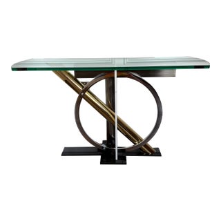 Kaizo Oto for Design Institute America Postmodern Brass, Chrome & Glass Sculptural Console Table For Sale
