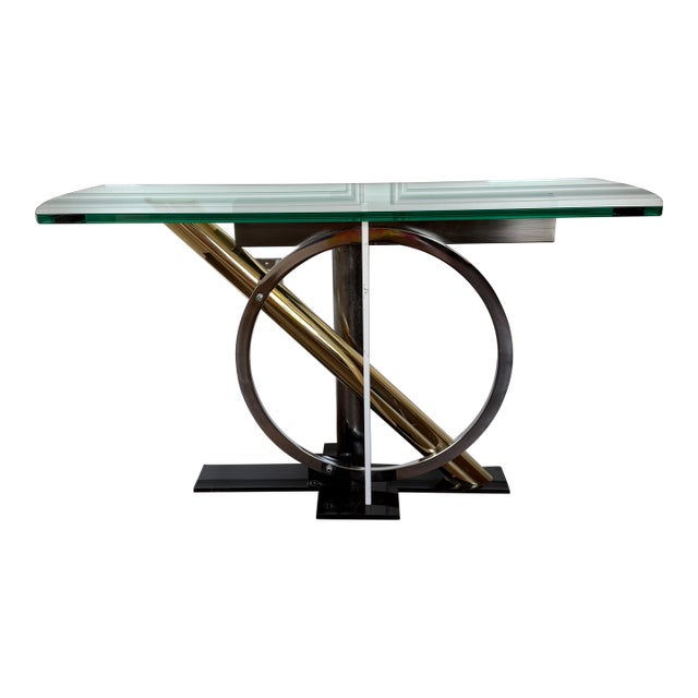 Kaizo Oto for Design Institute America Postmodern Brass, Chrome & Glass Sculptural Console Table For Sale