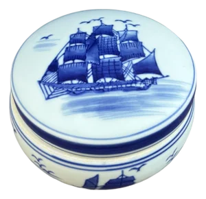 1980s Vintage Coastal Chic Nautical Clipper Ship Porcelain Lidded Box