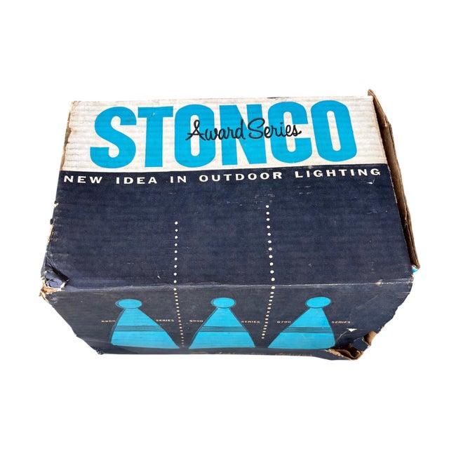 1960s Pair 1960s Stonco Award Series Outdoor Bullet Lights Cast Aluminum Antique Gold Crackle Finish Nos For Sale - Image 5 of 18