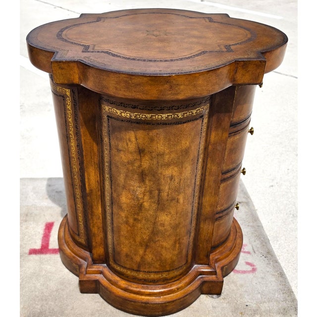 Maitland Smith English Regency Tooled Leather Quatrefoil Drum Chest Side Table For Sale - Image 10 of 14