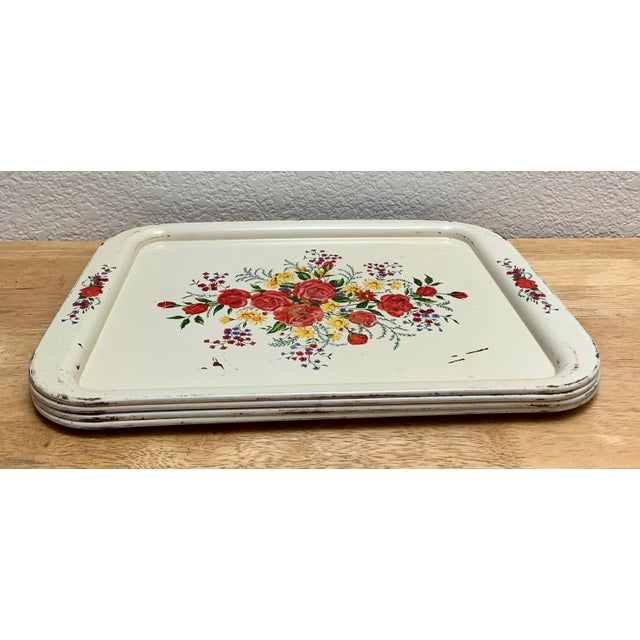 Sweet vintage set of four rose motif large metal serving trays. Chippy shabby elegance and rustic sweetness for game...