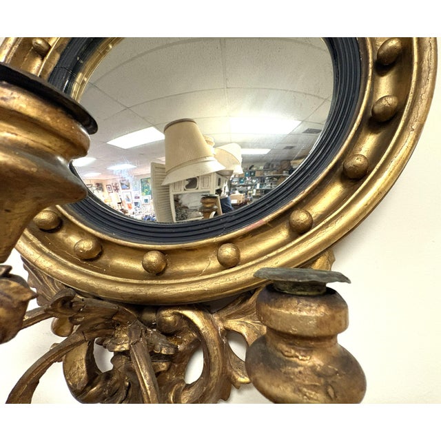 19th Century Federal Convex Bullseye Mirror With Eagle Pediment and Three Candle Holders For Sale In West Palm - Image 6 of 18