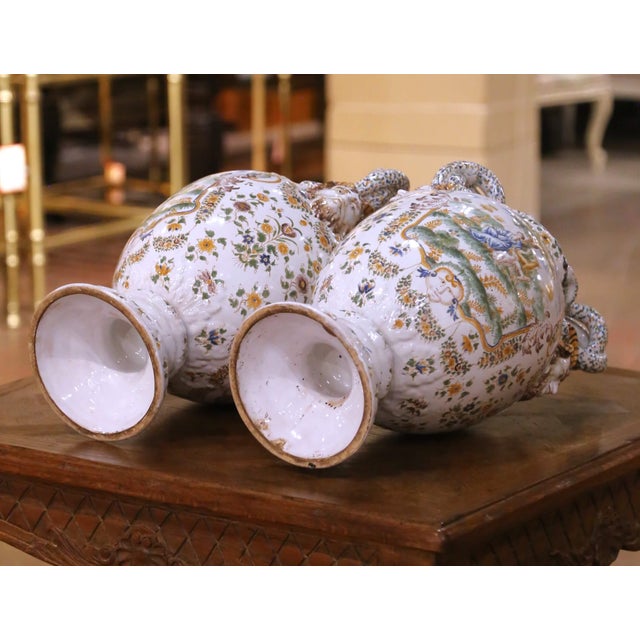 Pair of 19th Century French Moustiers Faience Vases With Ram’s Head Handles For Sale - Image 12 of 12