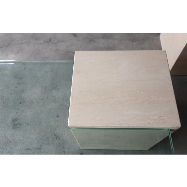 Pair of Italian Travertine and Cantilevered Glass Coffee Tables For Sale - Image 10 of 11