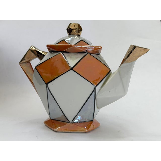 1920s 1920s Art Deco Teapot With Geometric Orange and White Pattern and Gold Luster Accents For Sale - Image 5 of 16