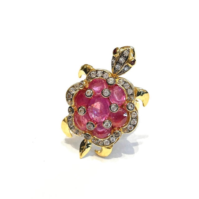 Bochic "Orient" Vintage Ruby & Diamond Turtle Cocktail Ring Set 18K & Silver For Sale - Image 12 of 12