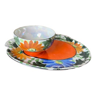 Set of 4, 1970s Orange and Blue Ceramic Plates and Teacups For Sale