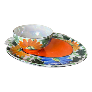 Set of 4, 1970s Orange and Blue Ceramic Plates and Teacups