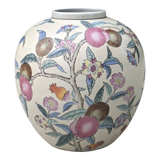 Vintage Chinoiserie Painted Enamel Porcelain Fruit Plum and Floral Vase For Sale