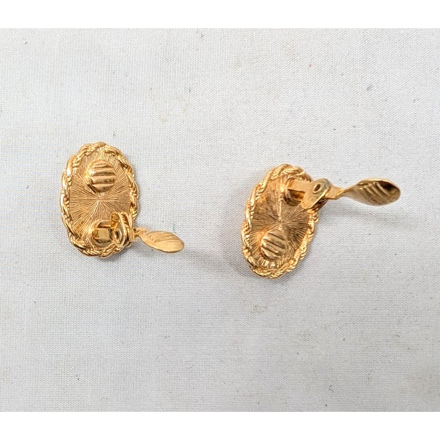 Metal Vintage 1980s Signed Monet Oval Goldtone Checkered Clip Earrings-2 Pieces For Sale - Image 7 of 7