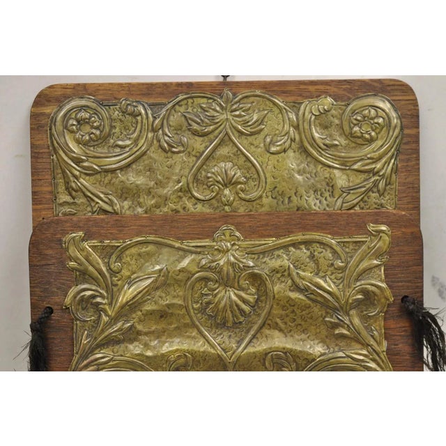 Antique Arts & Crafts Oak & Brass Embossed Folding Wall Hanging Letter Holder For Sale - Image 4 of 10