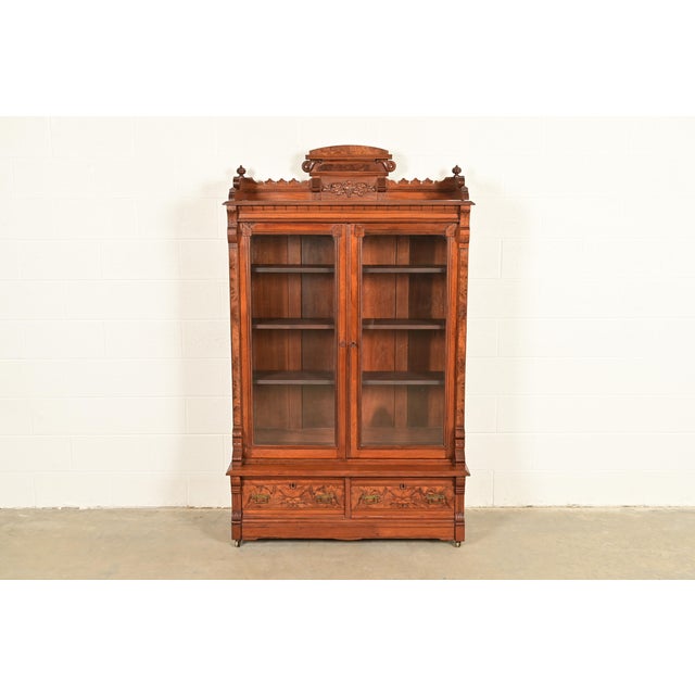 Herter Brothers Style Antique Eastlake Victorian Carved Burled Walnut Bookcase, Circa 1880s For Sale - Image 13 of 13