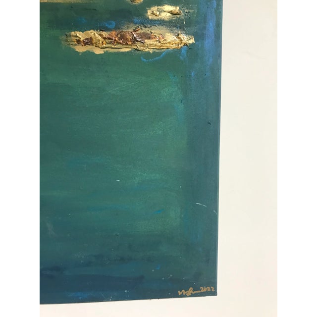 Metal Gold in Teal and Yellow Mix Media Painting For Sale - Image 7 of 11