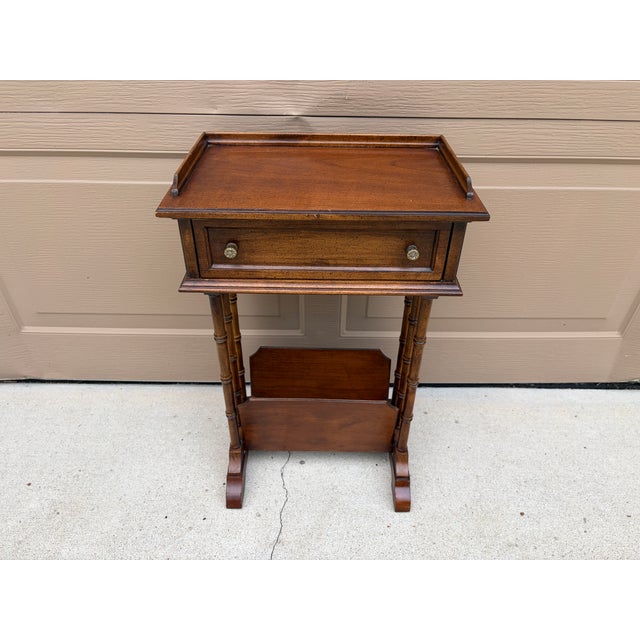English Mid-20th Century Brandt Walnut Faux Bamboo Side Table With Drawer & Magazine Rack For Sale - Image 3 of 17