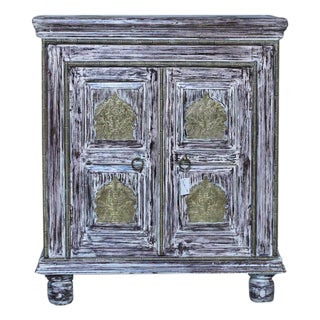 1950s Hand Carved Mango Wood Sideboard With Brass Accents | Distressed White Entryway Cabinet | Rustic Small Credenza | Boho Kitchen Storage Unit For Sale