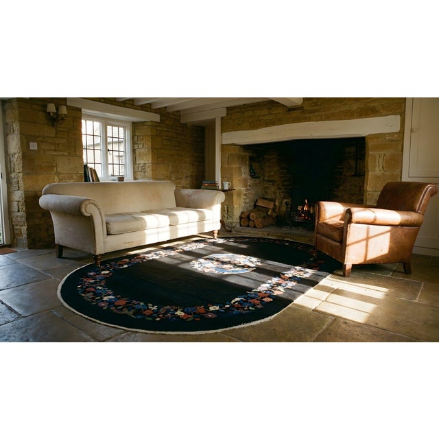 1920s Black Medallion Floral Antique Oval Chinese Art Deco Carpet 4'1" X 6'10" Wool Knotted Rug For Sale - Image 11 of 12