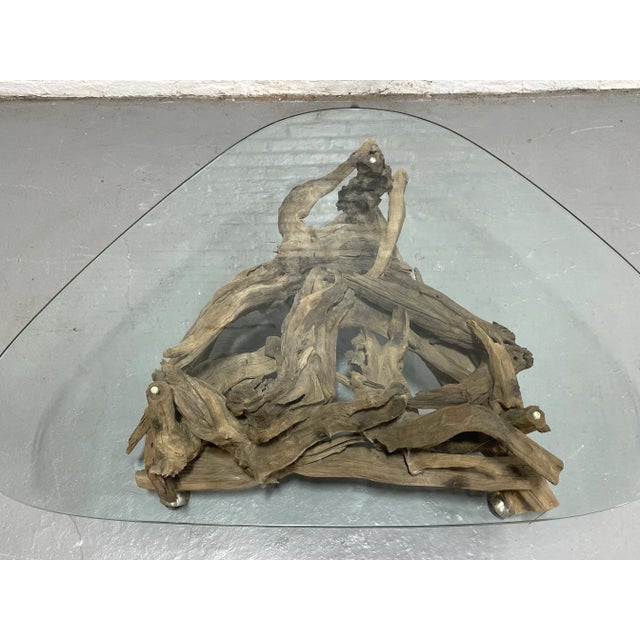 Brown Mid Century Modern Driftwood + Glass Coffee Table | Organic Modern Cocktail Table Castors For Sale - Image 8 of 14
