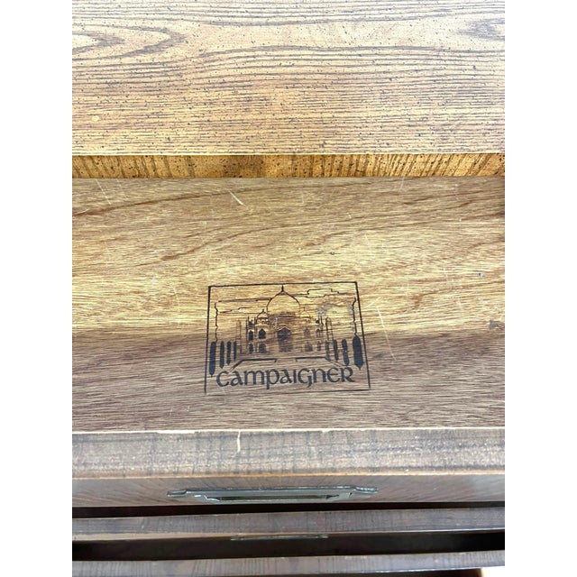 Vintage Campaign Style Five Drawer Dresser by Dixie With Brass-Toned Hardware and Dovetailed Drawers For Sale - Image 11 of 11