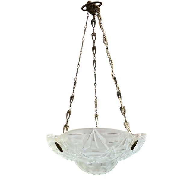 Art Deco Pendant Light in Molded-Pressed Glass from Degué For Sale