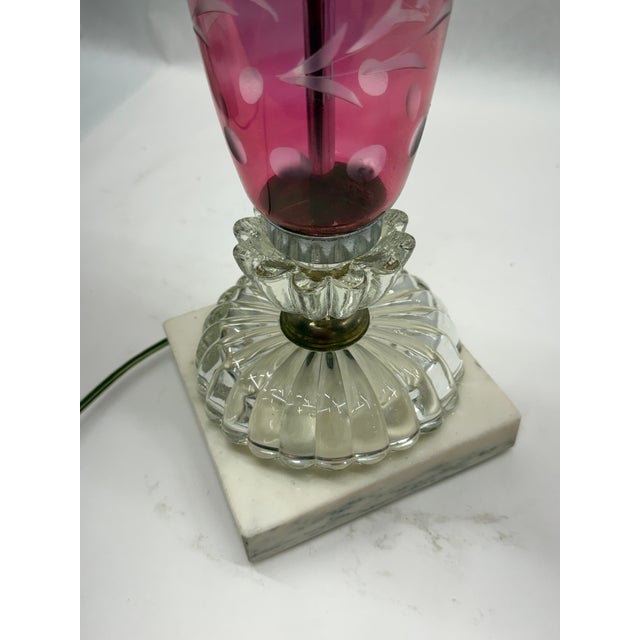 Vintage Cranberry Cut-to-Clear Glass Table Lamp on Marble Base For Sale - Image 4 of 10