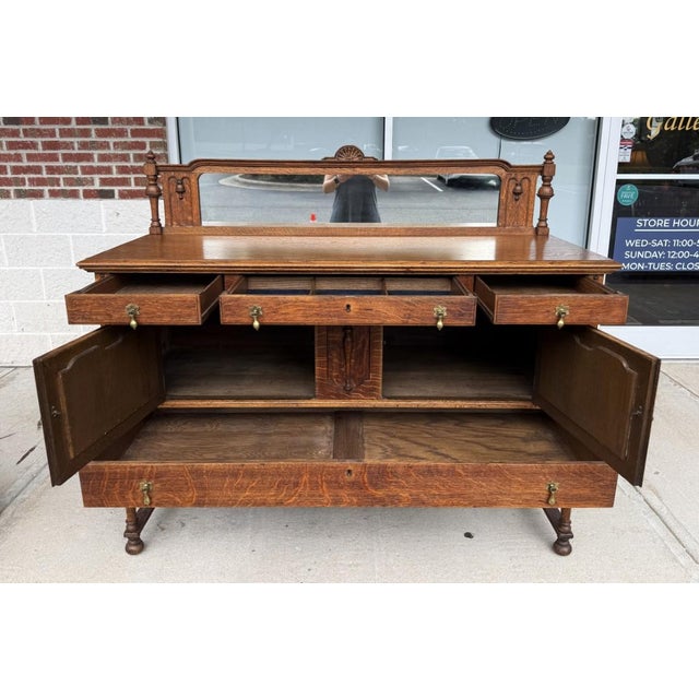 Early 20th Century Early 20th Century J.B. Van Sciver Co. Refinished Antique Oak Sideboard With Mirrored Gallery & Turned Legs For Sale - Image 5 of 13