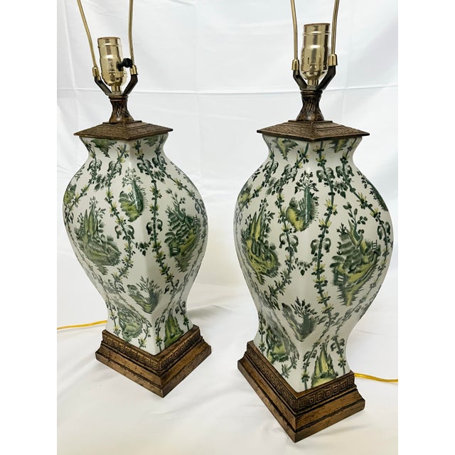 Chinoiserie Mid 20th Century Chinoiserie Hand Painted Green Floral Vintage Lamps – A Pair For Sale - Image 3 of 10