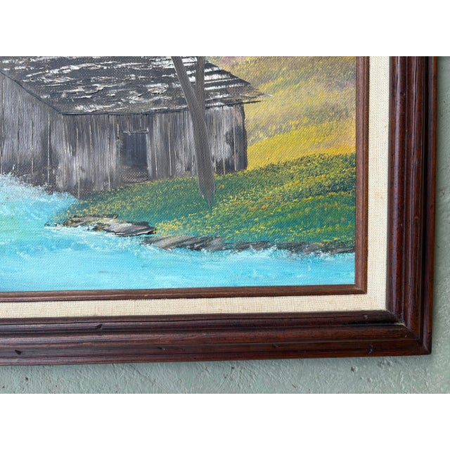Vintage Signed Rustic Water Mill Landscape Oil Painting in Wood Frame For Sale In Orlando - Image 6 of 8