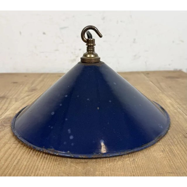 British Industrial Dark Blue Enamel Factory Pendant Lamp, 1950s For Sale - Image 9 of 15